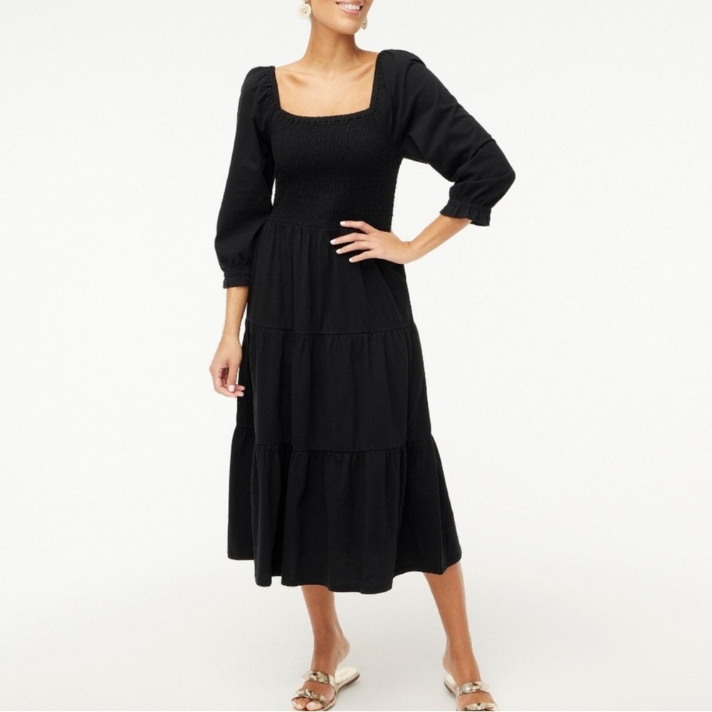 J. Crew Black Smocked Bodice Midi Dress